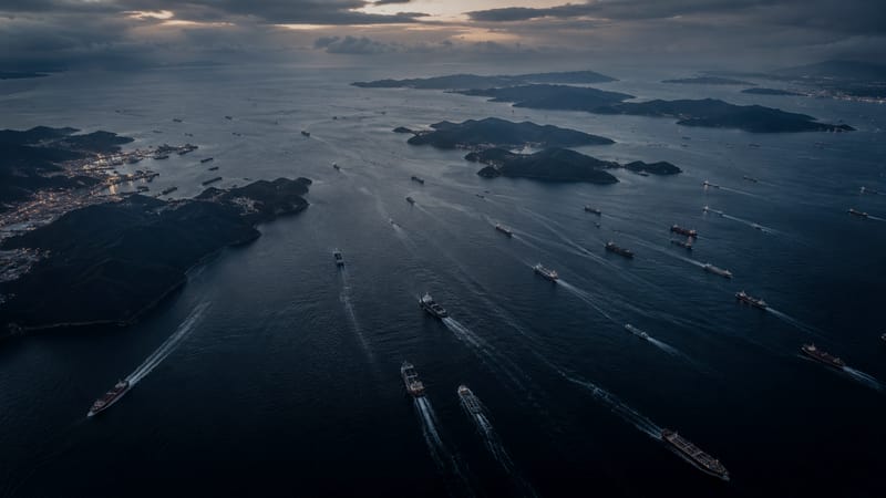 Aerial view of an Indo-Pacific shipping lane at dusk, vessels underway between islands.