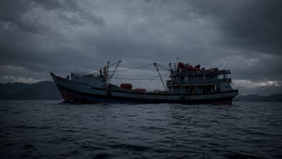 A traditional fishing vessel on calm water under a moody dusk sky.